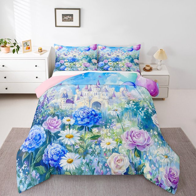 Erosebridal Princess Castle Bedding Sets Full with Comforter,Dreamy Flower Duvet Insert,Spring Garden Comforter Sets Full Size,Microfiber Female Bedroom Decor,Reversible,3pcs