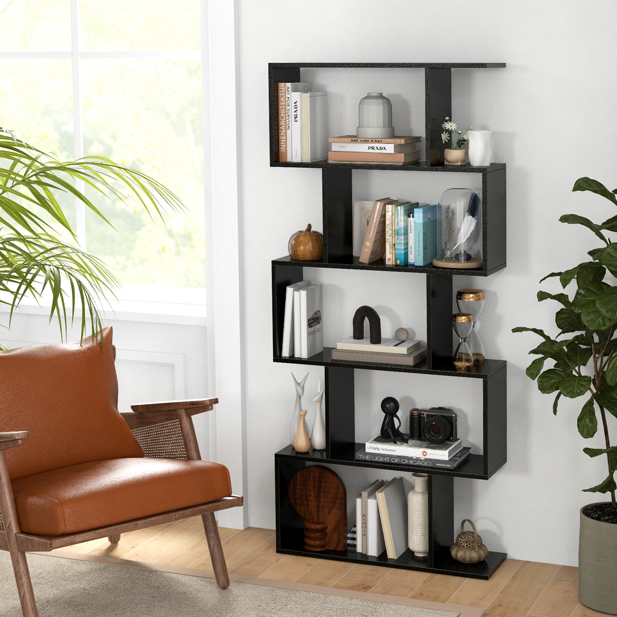 Costway 5-Tier Bookshelf Geometric S-Shaped Bookcase Room Divider Storage Display Shelf Black