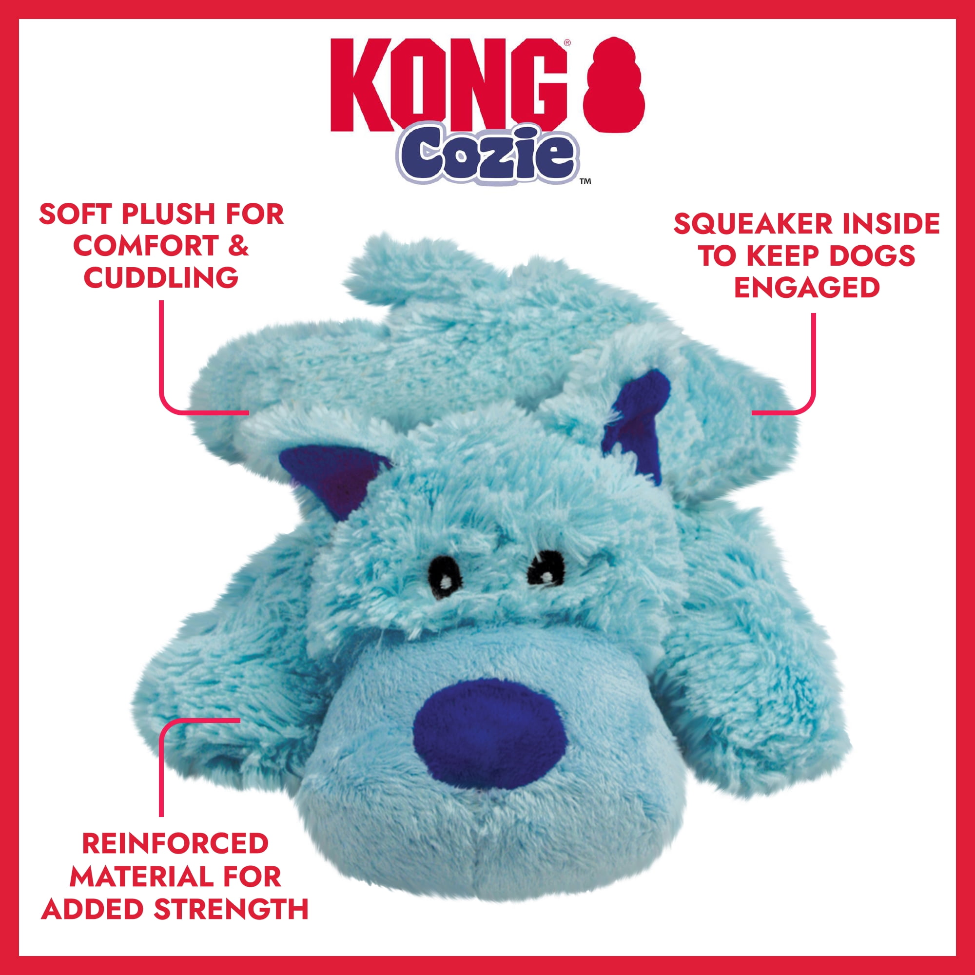 KONG® Cozie™ Plush Dog Toy with Squeaker, Baily the Blue Dog, Medium