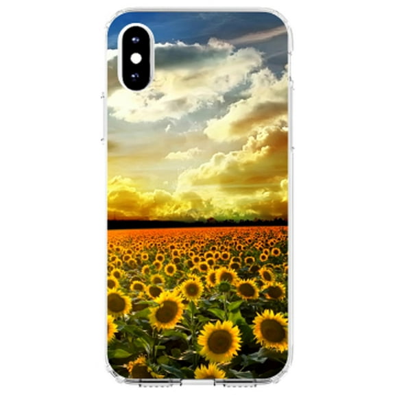 DistinctInk Clear Shockproof Hybrid Case for iPhone XR (6.1" Screen) - TPU Bumper, Acrylic Back, Tempered Glass Screen Protector - Green Blue Yellow Sunflowers
