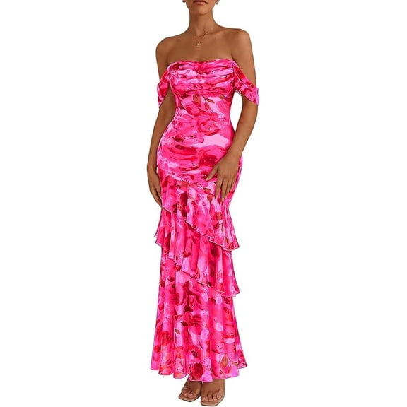 PRETTYGARDEN Women's Formal Cocktail Maxi Dresses Summer Off Shoulder Floral Mesh Bodycon Spring Wedding Guest Dress