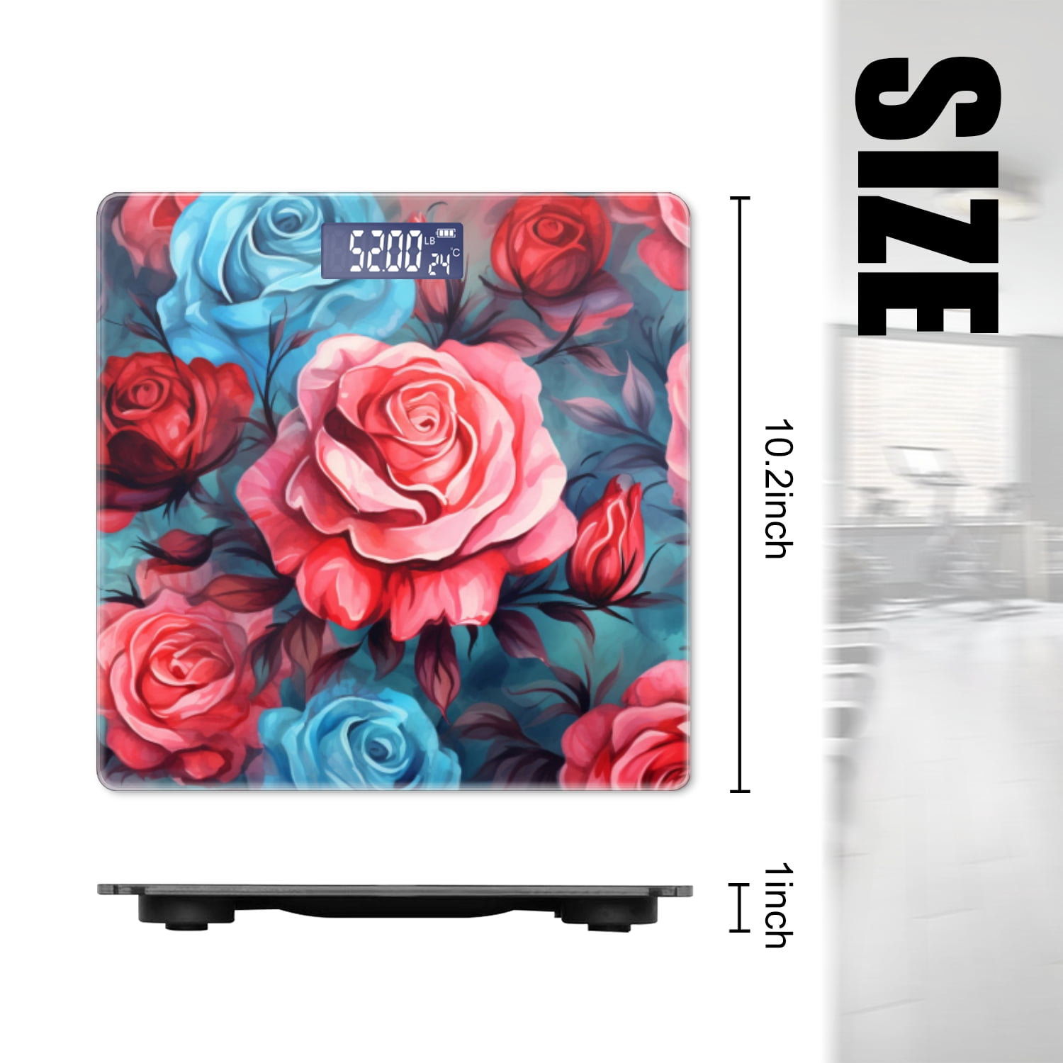 High Precision Body Weight Scale Smart Bathroom Scales with Large LCD Display(400lbs),Decorative for Bedroom-Red And Pink Roses With Blue Accents