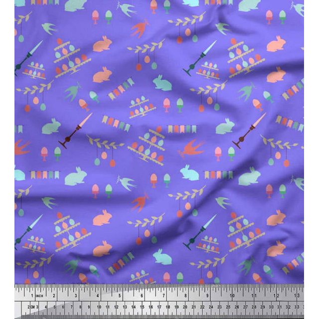 Soimoi Japan Crepe Satin Fabric Celebration Flag,Rabbit & Egg Easter Decor Fabric Printed Yard 42 Inch Wide