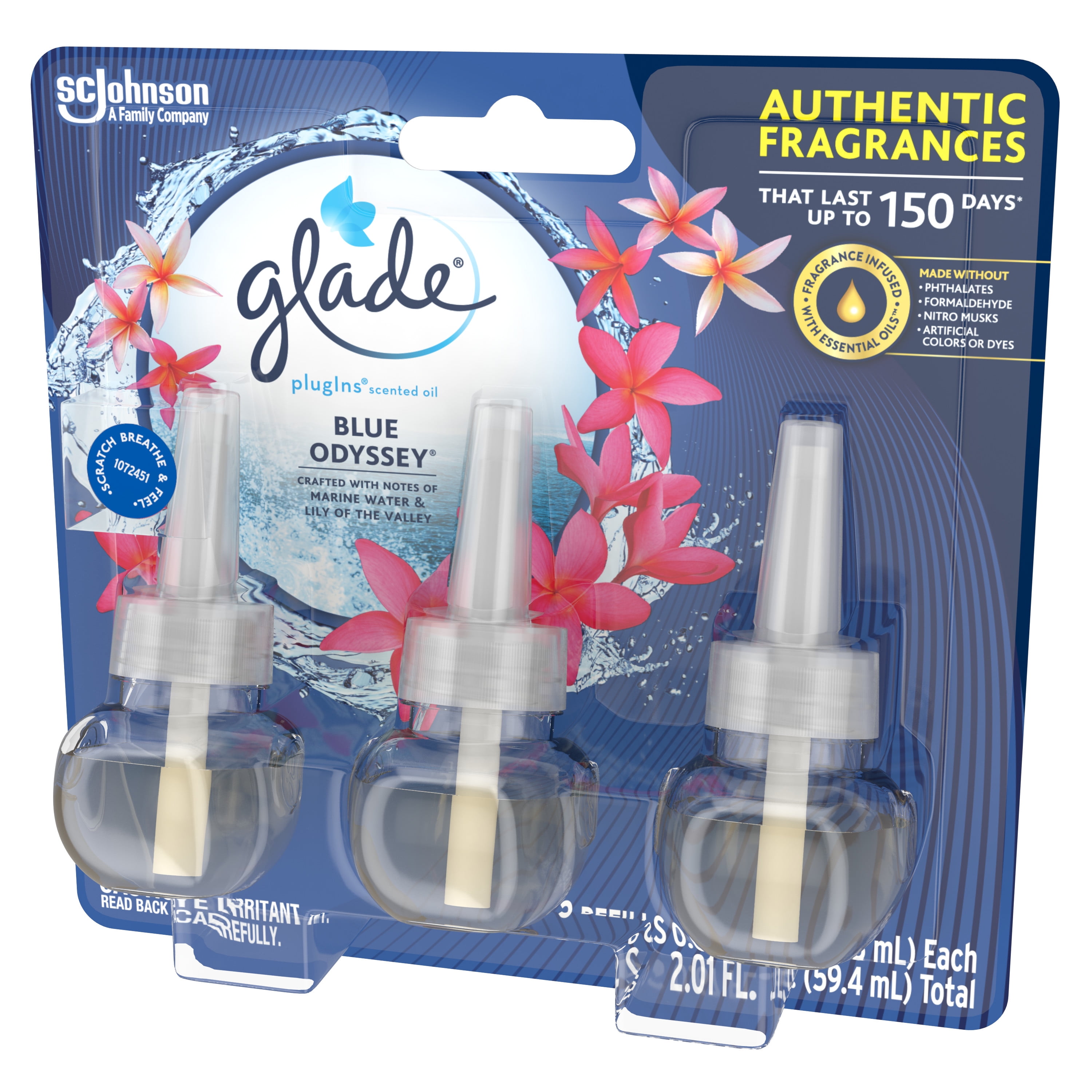 Glade Plugins Scented Oil Refill Blue Odyssey Essential Oil Infused Wall Plug In Up To 50 Days Of Continuous Fragrance 2 01 Fl Oz Pack Of 3 Walmart Com Walmart Com