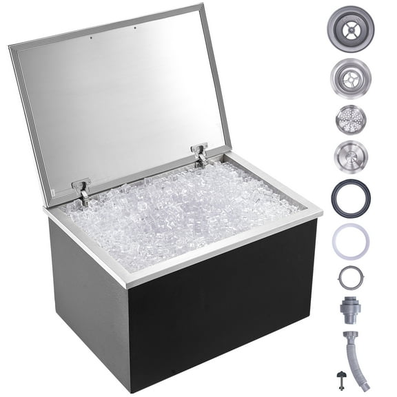 VEVOR Drop in Ice Chest, 28"L x 20"W x 17"H Stainless Steel Ice Cooler, Commercial Ice Bin with Hinged Cover, 40 qt Outdoor Kitchen Ice Bar, Drain-pipe and Drain Plug Included, for Cold Wine Beer