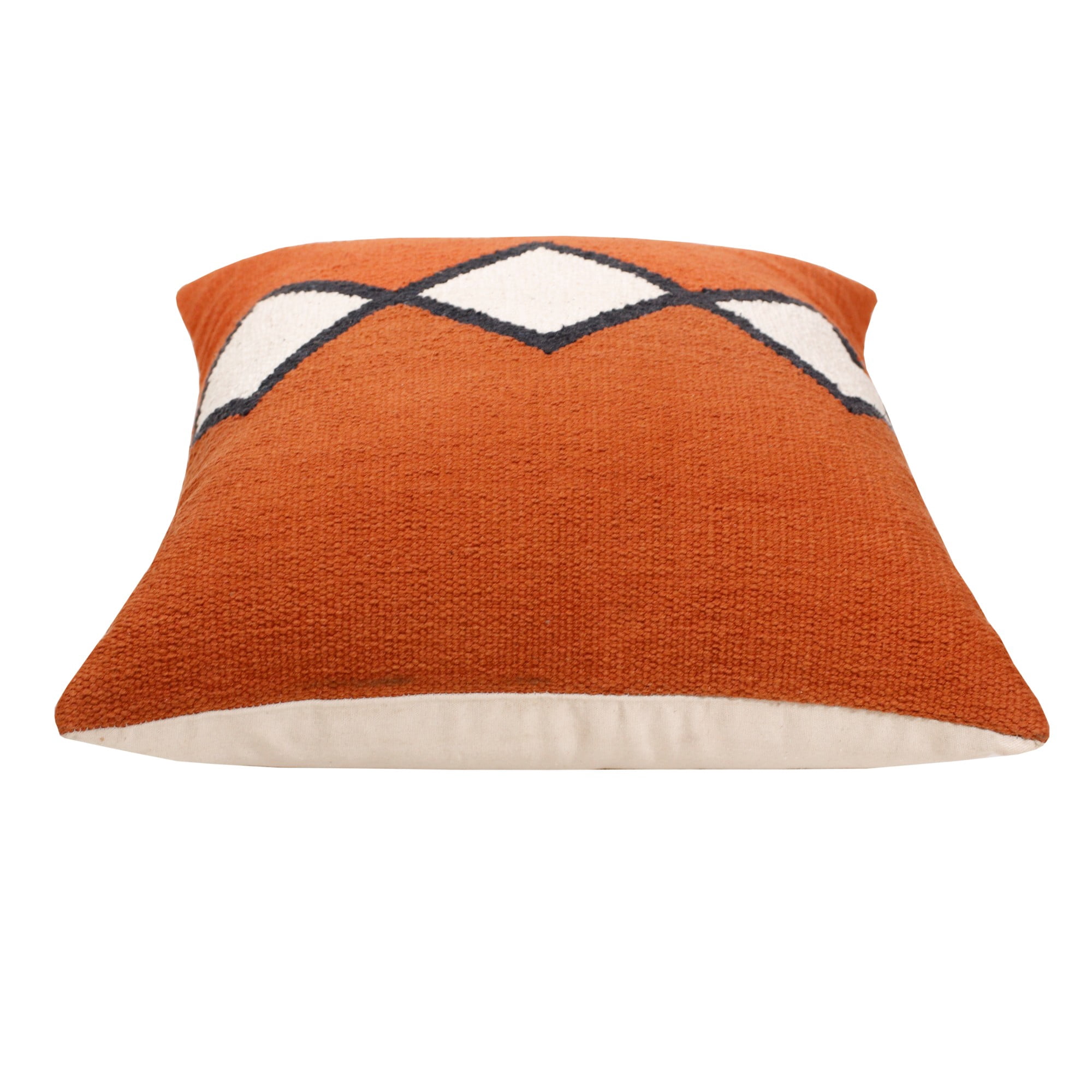 Laddha Home Designs Handwoven Embroidered Diamond Cotton Throw Pillow Cover - 20" - Orange and White