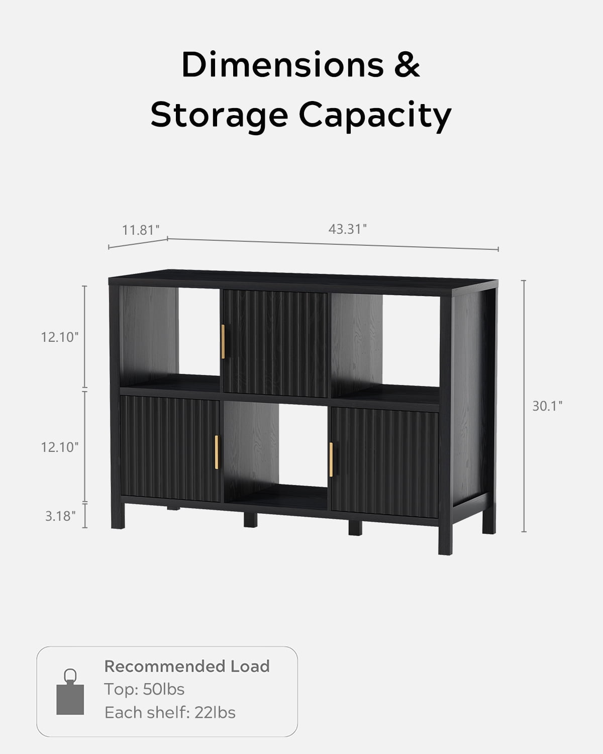 EYYTHUNG Fluted Storage Organizer Bookshelf, Modern Cube Bookcase with 3 Open Shelf and 3 Cabinets with Doors, Black