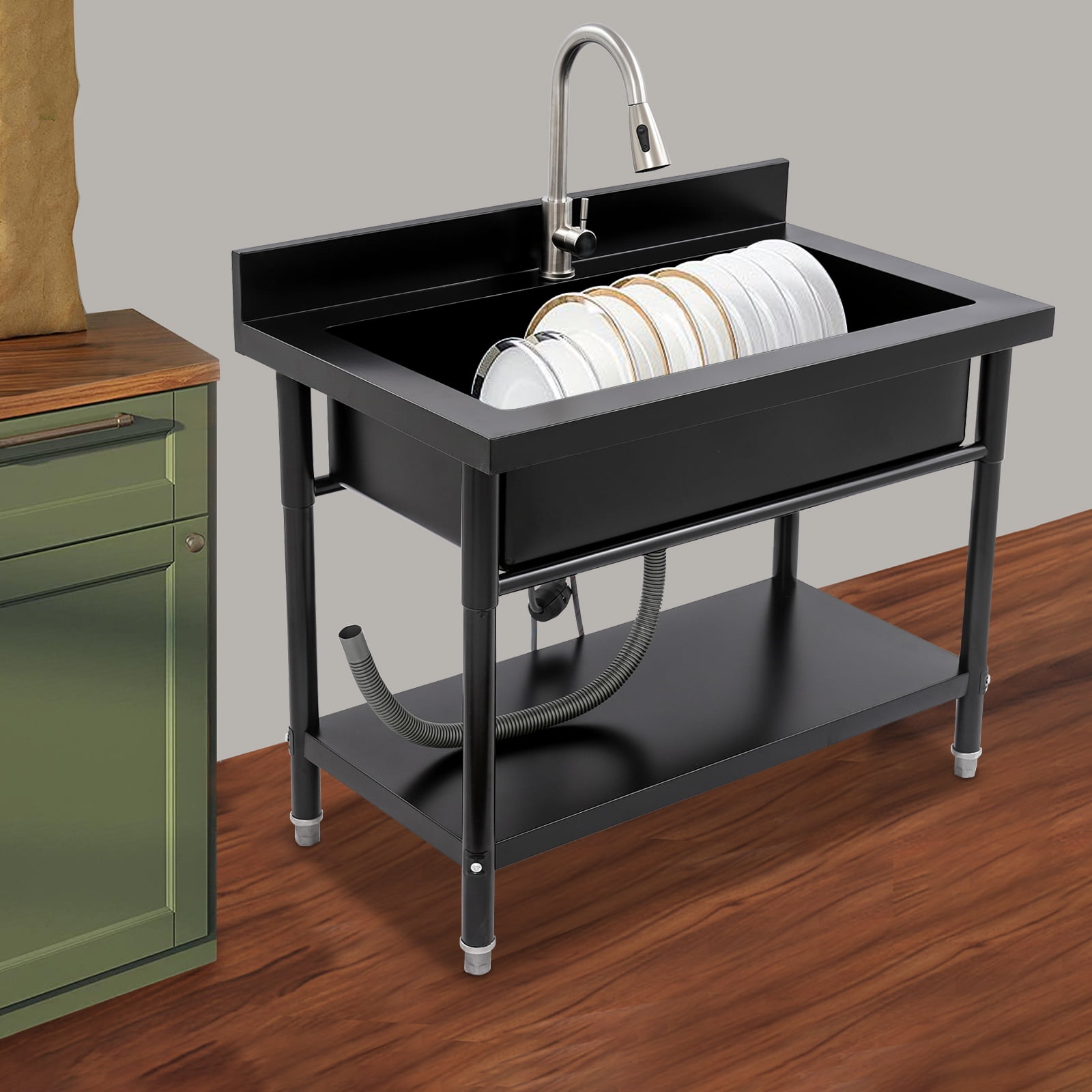 Black Stainless Steel 100x60x80cm Independent Sink With Pull-Out Faucet Commercial Kitchen Large-Capacity Working Sink