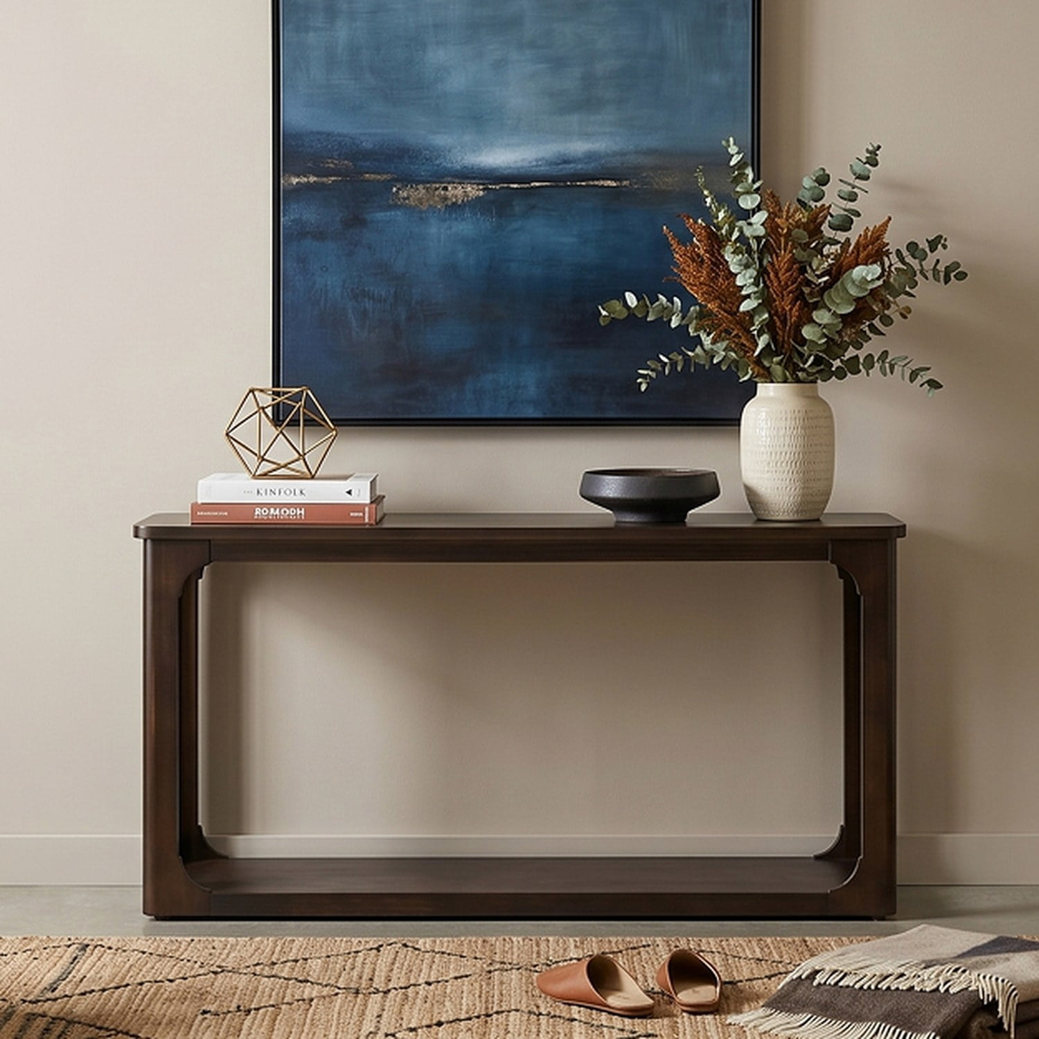 55" Espresso Minimalist Console Table with Open Arch Cutouts, Rounded Corners, Solid Wood Legs, Wood Veneer, Sturdy Bottom Shelf, Transitional Entryway Sofa Table for Living Room Hallway