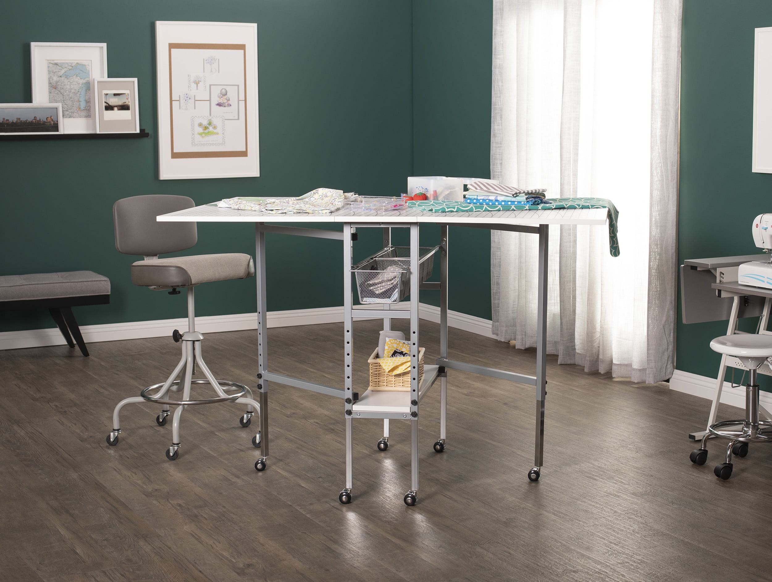 Sew Ready Alpha Height Adjustable, Foldable, Mobile Craft Table with Sewing Storage and Cutting Grid in White / Silver