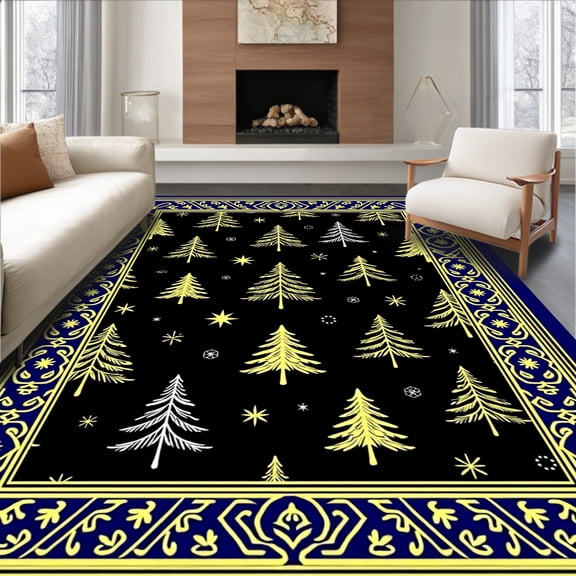 ODIKA 4'x6' Machine Washable Non-Slip Area Rug, Festive Evergreen Welcome Entrance With Sparkling Ornaments High Traffic Rug, Black, 628775