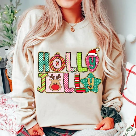 Colorful Glitter Holly Jolly Sweater, Pink Reindeer Coquette Bow Merry Christmas Bright Holiday Sweatshirt