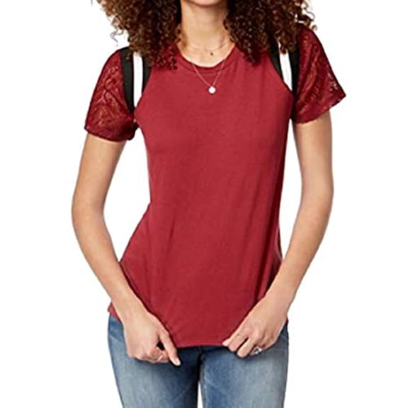 Rebellious One Juniors' Lace-Sleeve Striped-Shoulder Top (Maroon, S)