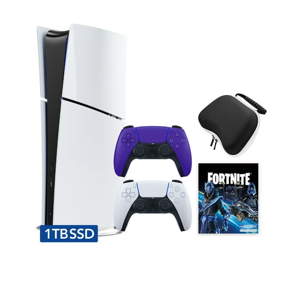 PlayStation 5 Slim Digital 1TB SSD Fortnite Cobalt Star Console with Two Controllers, White and Galactic Purple DualSense, Hard Shell Protective Controller Case - PS5 Slim Digital Console
