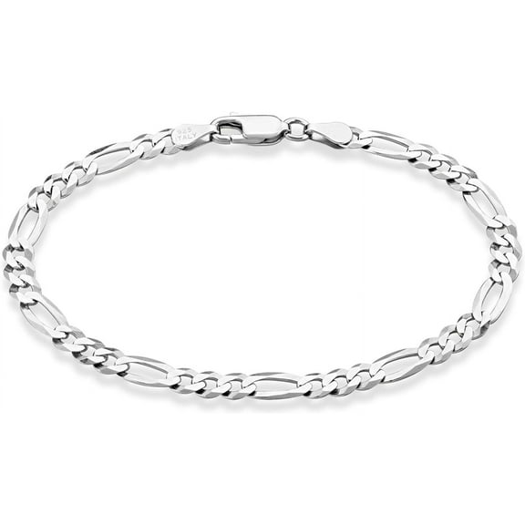 Solid 925 Sterling Silver Italian 5mm Diamond-Cut Figaro Chain Bracelet for Women Men, Made in Italy