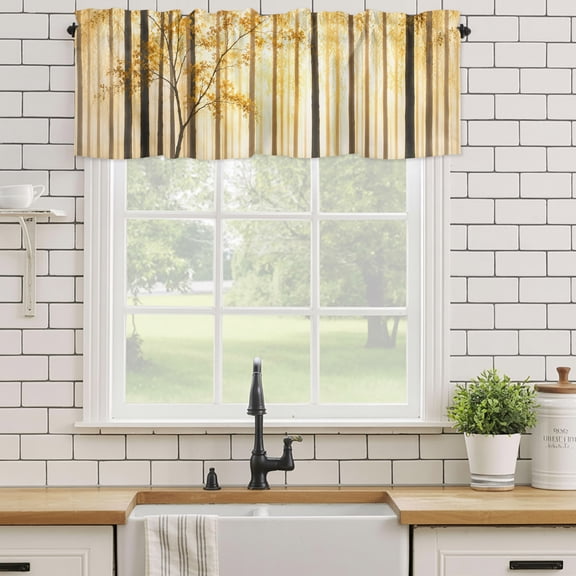 Curtain Valances for Kitchen Windows,Autumn Forest Tree Golden Rod Pocket Valances Short Curtains Country Natural Scenery Window Treatment for Living Room Bathroom Bedroom Decor,42x12in