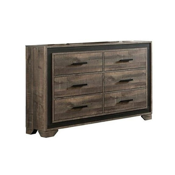 58 in. Nny Wide Dresser with 6 Drawers, Handles, Wood, Brown & Black