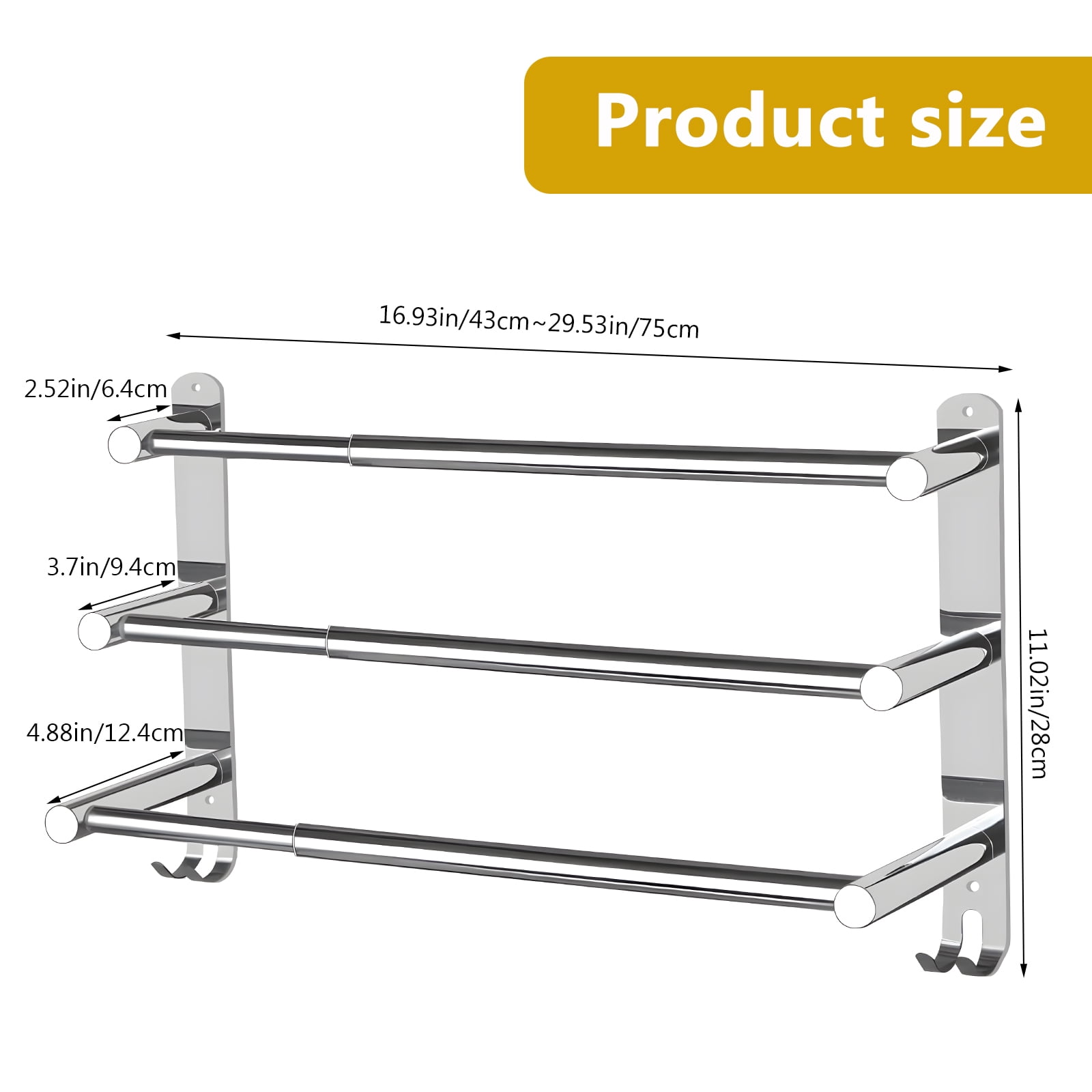 16- to 30-inch Adjustable Towel Rack for The Bathroom and Kitchen, Hand Towel Holder,  SUS304 Stainless Steel, Rust-resistant Wall Mount, No Drilling Required ,Silvery