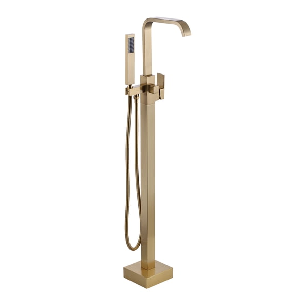 Wowow Waterfall Single-Handle Freestanding Tub Faucet with Hand Shower, Brass Floor Mounted Tub Filler Faucet in Brushed Gold