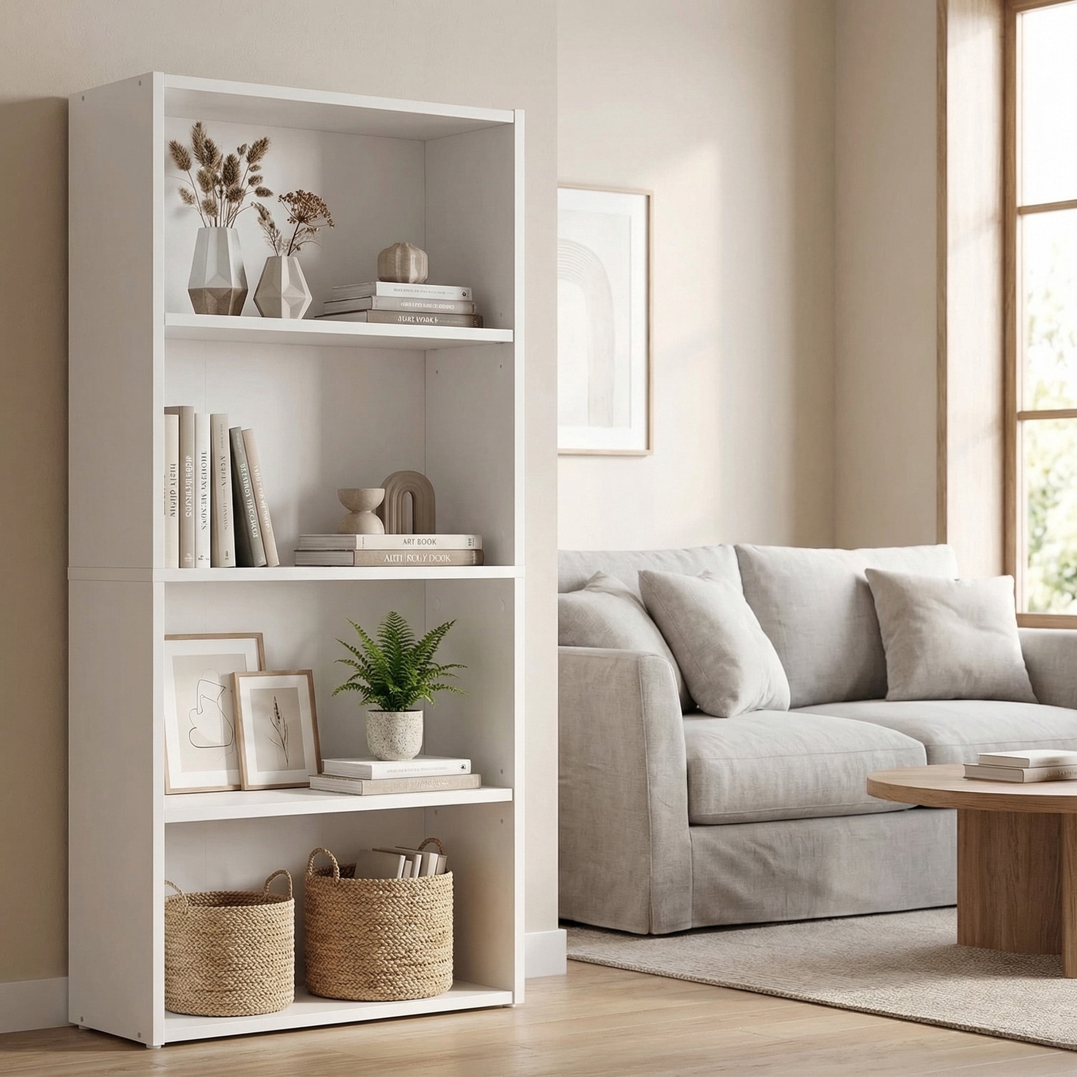 CONCETTA 4 Shelf Bookcase, 42 Inch Tall Floor Standing Open Bookshelf for Home Office and Living Room, White