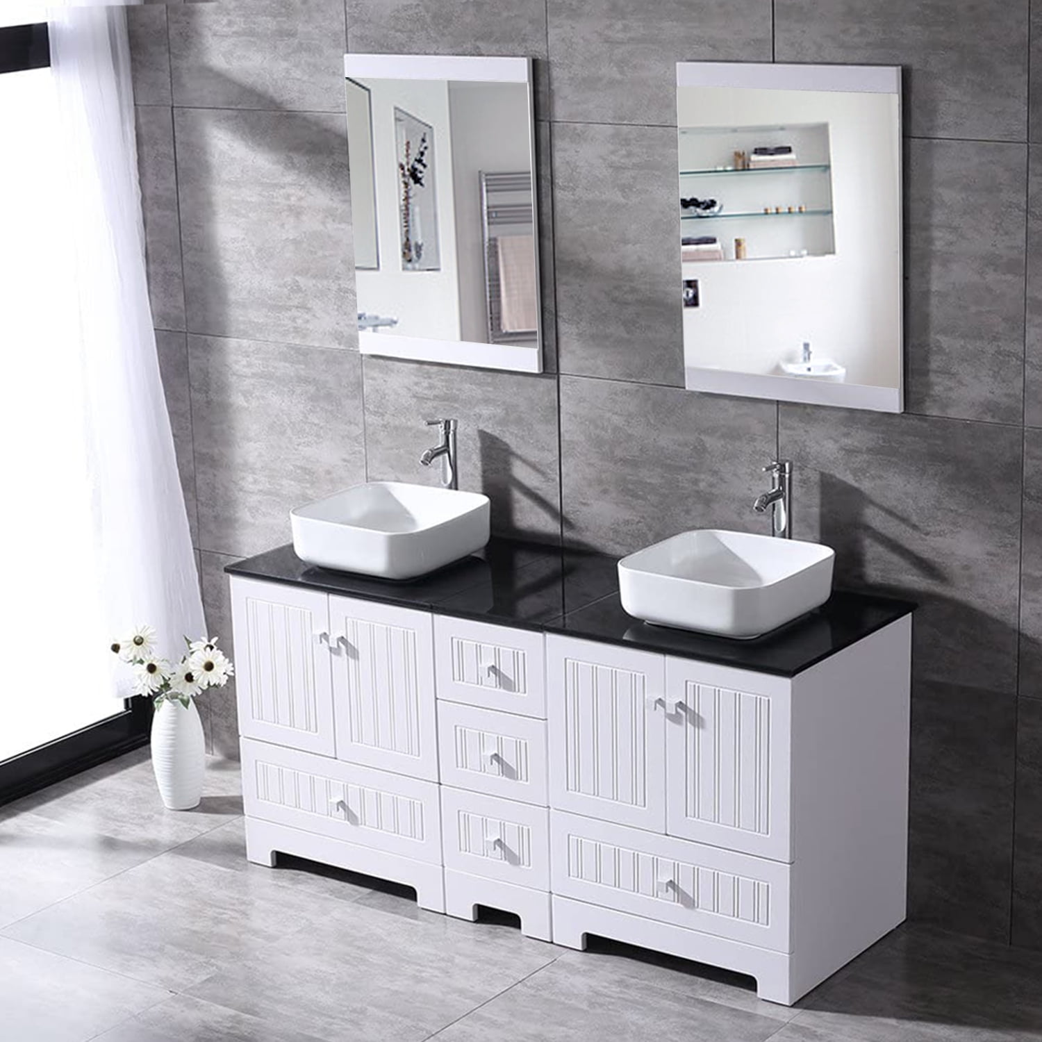 Wonline 60 White Double Bathroom Vanity Cabinet And Round Ceramic Sink W Mirror Combo Wash Basin With Faucet Walmart Com