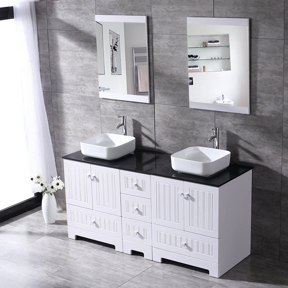 60" White Double Bathroom Vanity and Round Ceramic Sink