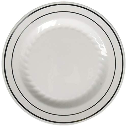 Fineline Settings Silver Splendor Blanc avec Assiette Ronde Argentée Façon Porcelaine 6 Pouces 150 Pcs