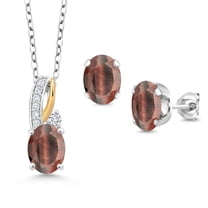 Gem Stone King 3.84 Ct Red Tiger Eye E-F Lab Grown Diamond 925 Silver and 10K Yellow Gold Pendant and Earrings Jewelry Set