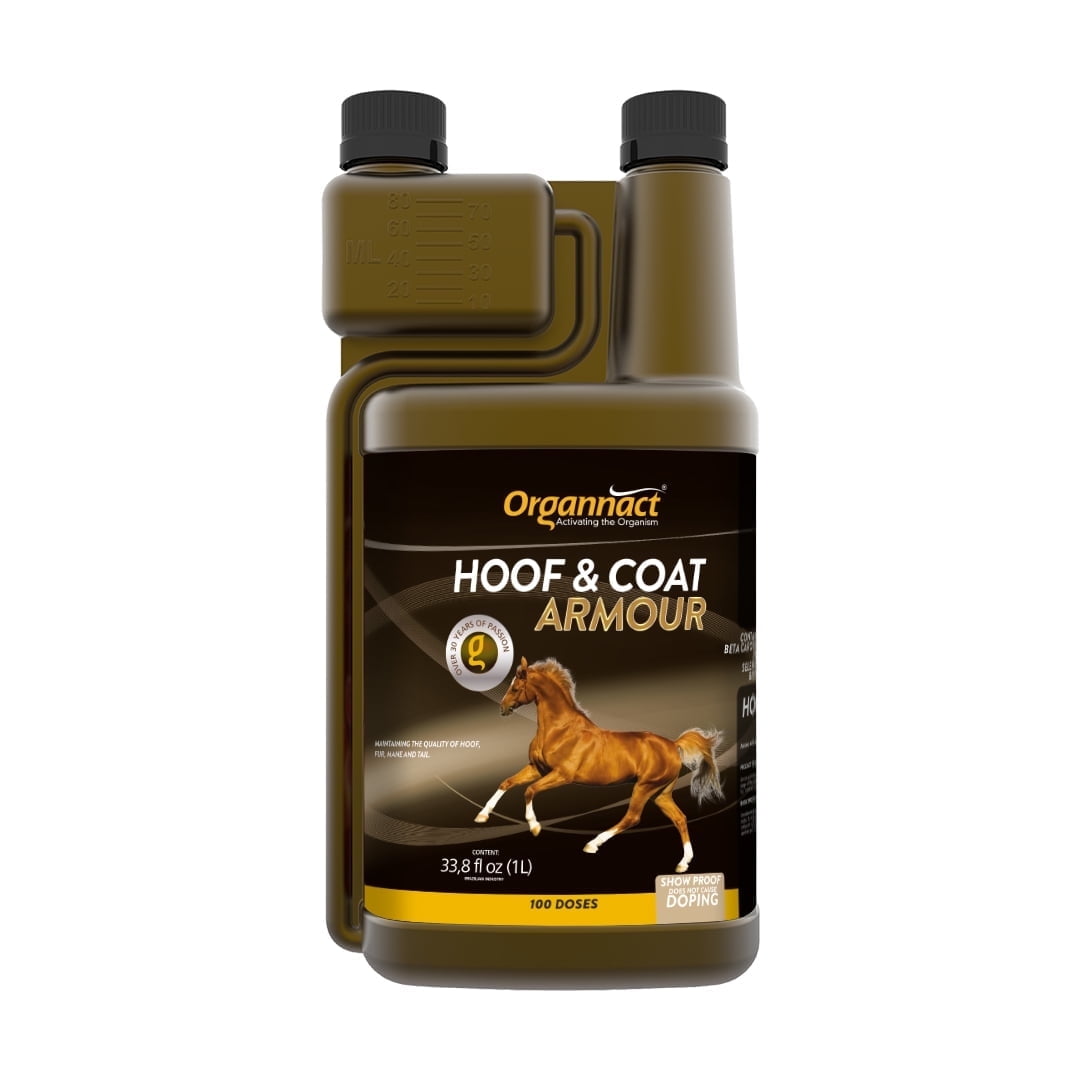 Organnact HOOF & COAT ARMOUR to maintain the quality of the horses' hoof, coat, mane, and tail