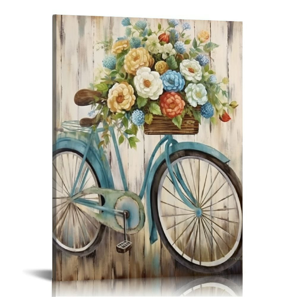 EastSmooth Farmhouse bathroom wall decor canvas art blue Retro bike picture print flower artwork for bedroom dining living room