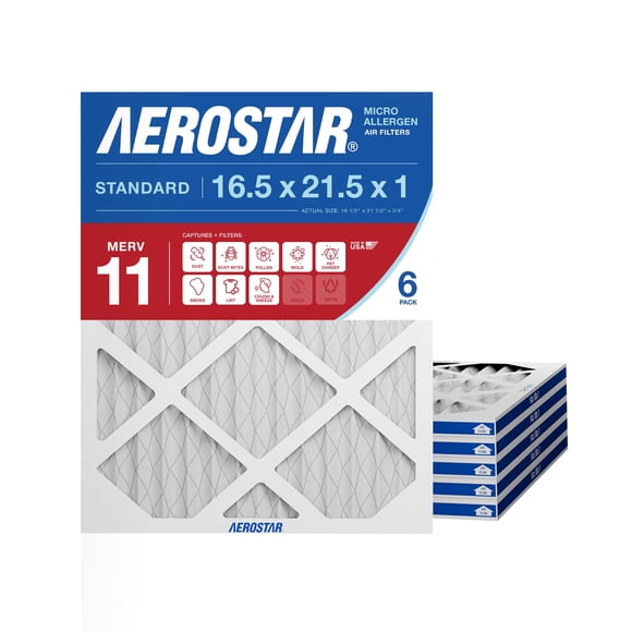 Aerostar 16.5x21.5x1 MERV 11 - 6 Count - Pleated HVAC, Furnace & Air Conditioner Filters - Removes Dust, Cold & Flu Germs, Lint, Mold, Pet Dander, Al