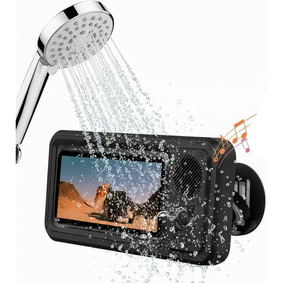 Aqua Play Phone Holder with Bluetooth Speaker, IPX4 Waterproof Shower Phone Mount with 360° Rotation for Bathroom Mirror, Universal Hands-Free Case for Music & Calls (Black)