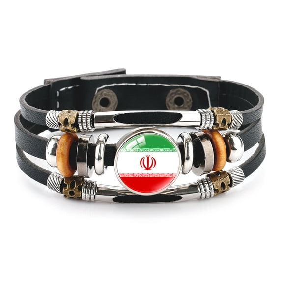 Uijokdef Country Flag Leather Bracelet, Multi-Layer Black Cowhide Design, 7.87 Inches