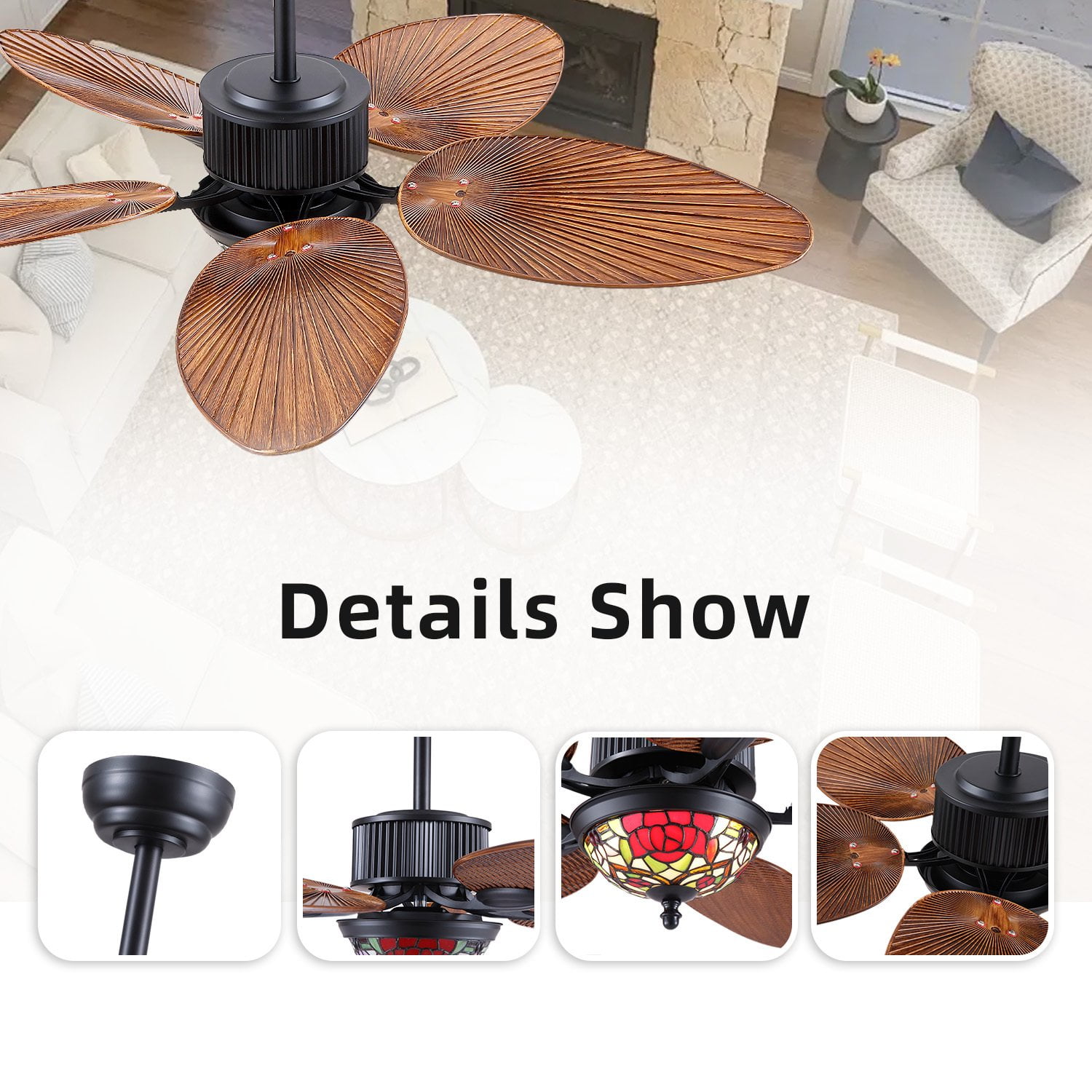 BayDay 48 Inch Tropical Ceiling Fan with Lights & Remote Control, APP Operable, 6 Speeds, Dimmable LED, Reversible Palm Leaf Fan for Bedroom, Living Room, Patio, Porch, Modern Black