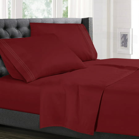 king size bed sheets set burgundy red, luxury bedding sheets set, 4-piece  bed set, deep pockets fitted sheet, 100% soft microfiber, hypoallergenic,