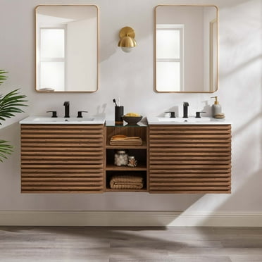 Modway Render 62" Wall-Mount Double Sink Bathroom Vanity in Walnut White