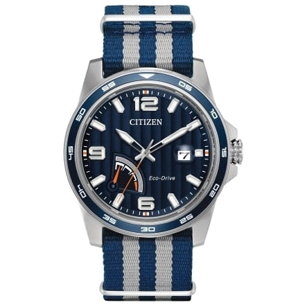- Men's Eco Drive Power Reserve Striped Nylon Watch AW7038-04L