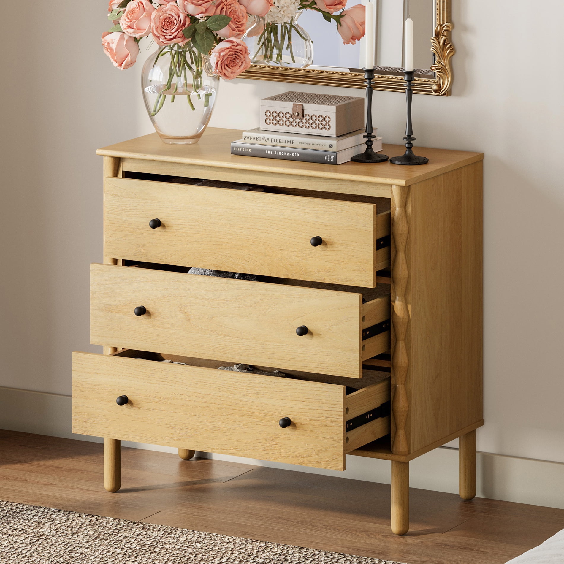 PRE-ASSEMBLED Drawer Glides & Anti-Tip Kit 3 Drawer Dresser for Bedroom，Oak