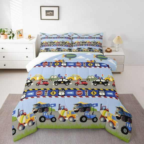 Homewish Car Theme 2pcs Bedding Comforter Set For Teens Boys Girls,Cartoon Truck Twin Comforter Sets,Construction Vehicles Breathable Bedding Set,Microfiber Bedroom Decor
