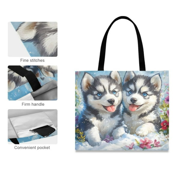 Canvas Tote Bag for Women Girls Design Print Huskies in Bloom Tote