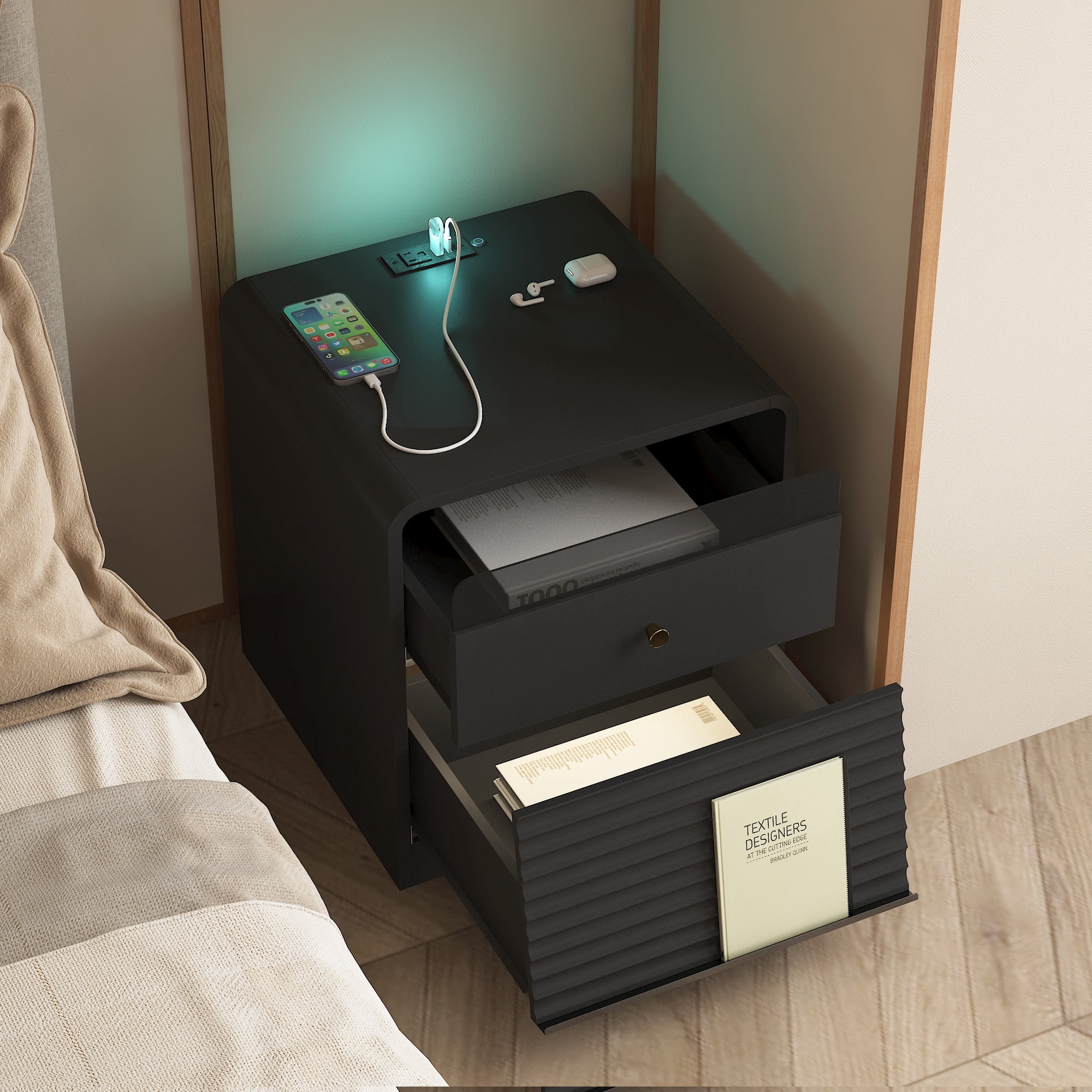 Aukfa Smart Nightstand with Charging Station, Side Table with Voice-Controlled 7-Color LED Light, Modern Bedside Table for Bedroom,Black