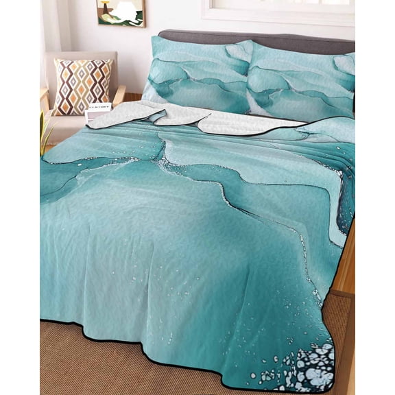 Turquoise Marble King Size Down Alternative Comforter, Lightweight Comforter Quilt Bedding Set with Pillow Shams Modern Abstract Art Texture Watercolor All Seasons Bed Comforter Duvet Insert 96"x106"
