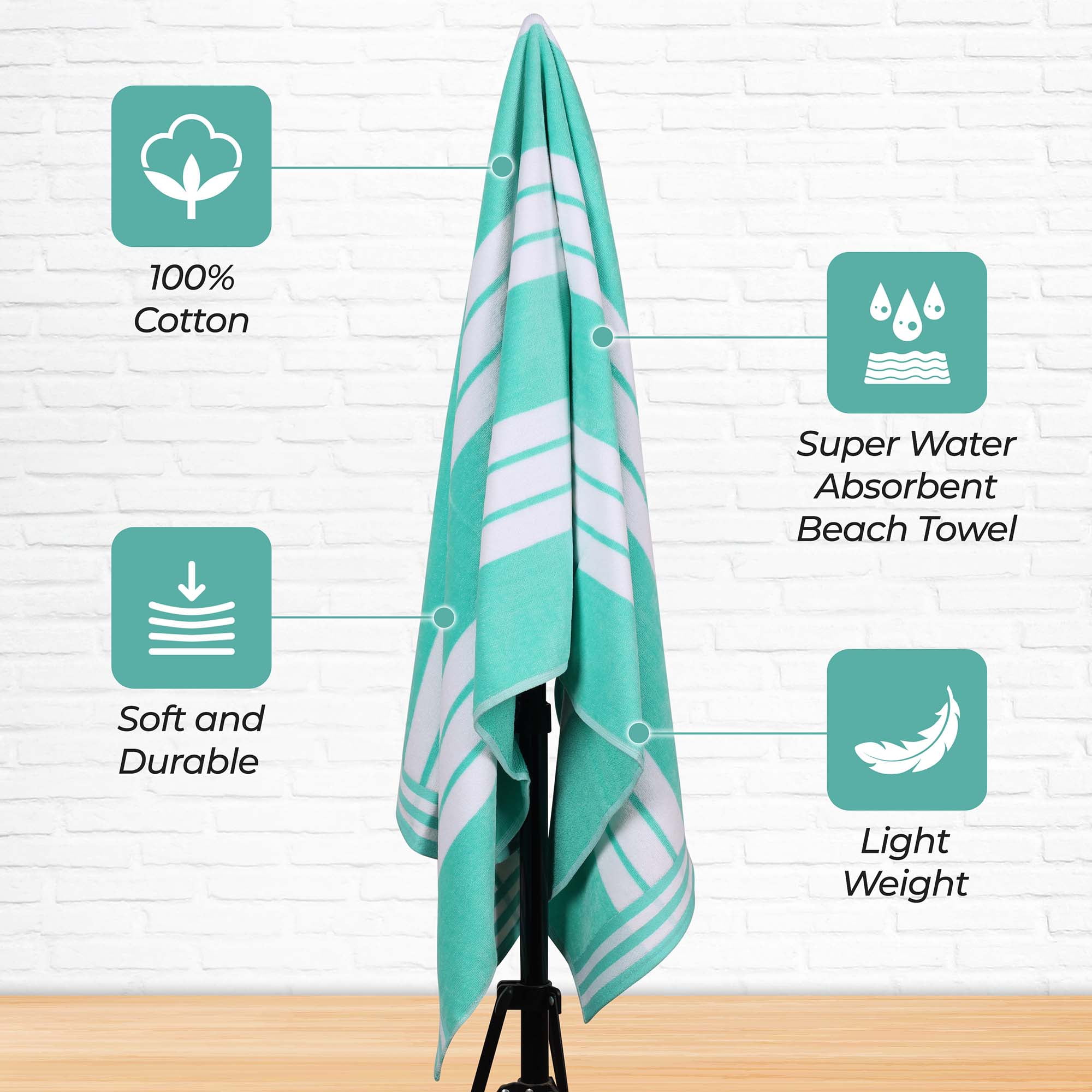 Superior Cotton Striped Oversized Beach Towel Set of 2, 34" x 64", Mint