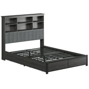 Lifezone Bookcase Beds Queen Bed Frame with Wooden Platform, Rustic Grey