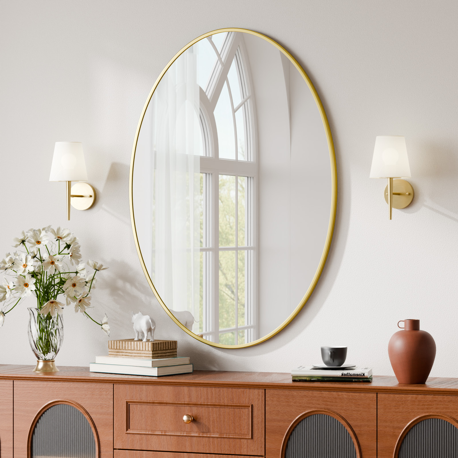 BEAUTYPEAK 26"x38" Oval Bathroom Mirror Wall Mirror,Gold