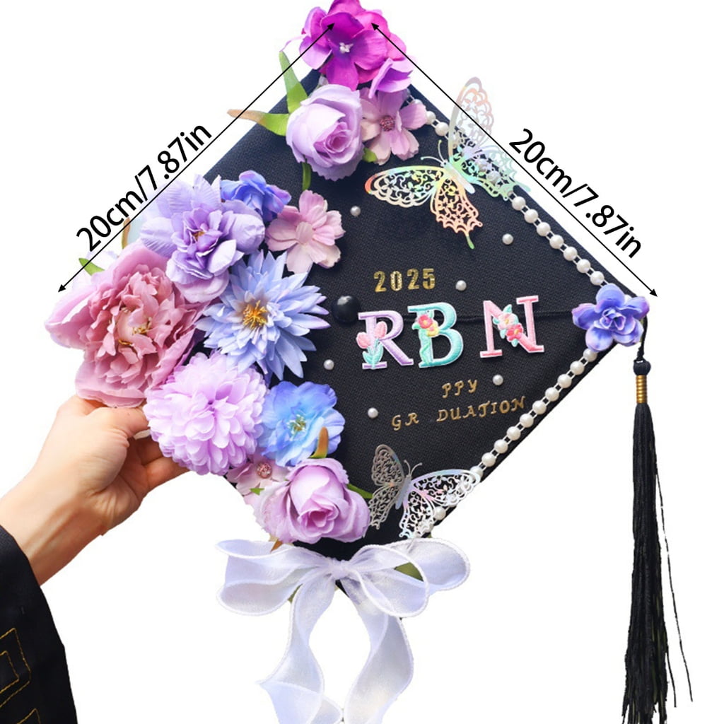 Graduation Hat Embellishment Set With Artificial Flower Butterfly Sticker Pearls