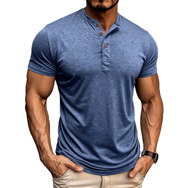 Tops para hombre, blusas y camisas de manga corta con cuello redondo para hombre, jersey informal de medio botón con cuello redondo y manga corta de color liso a la moda para hombre, top de poliéster
