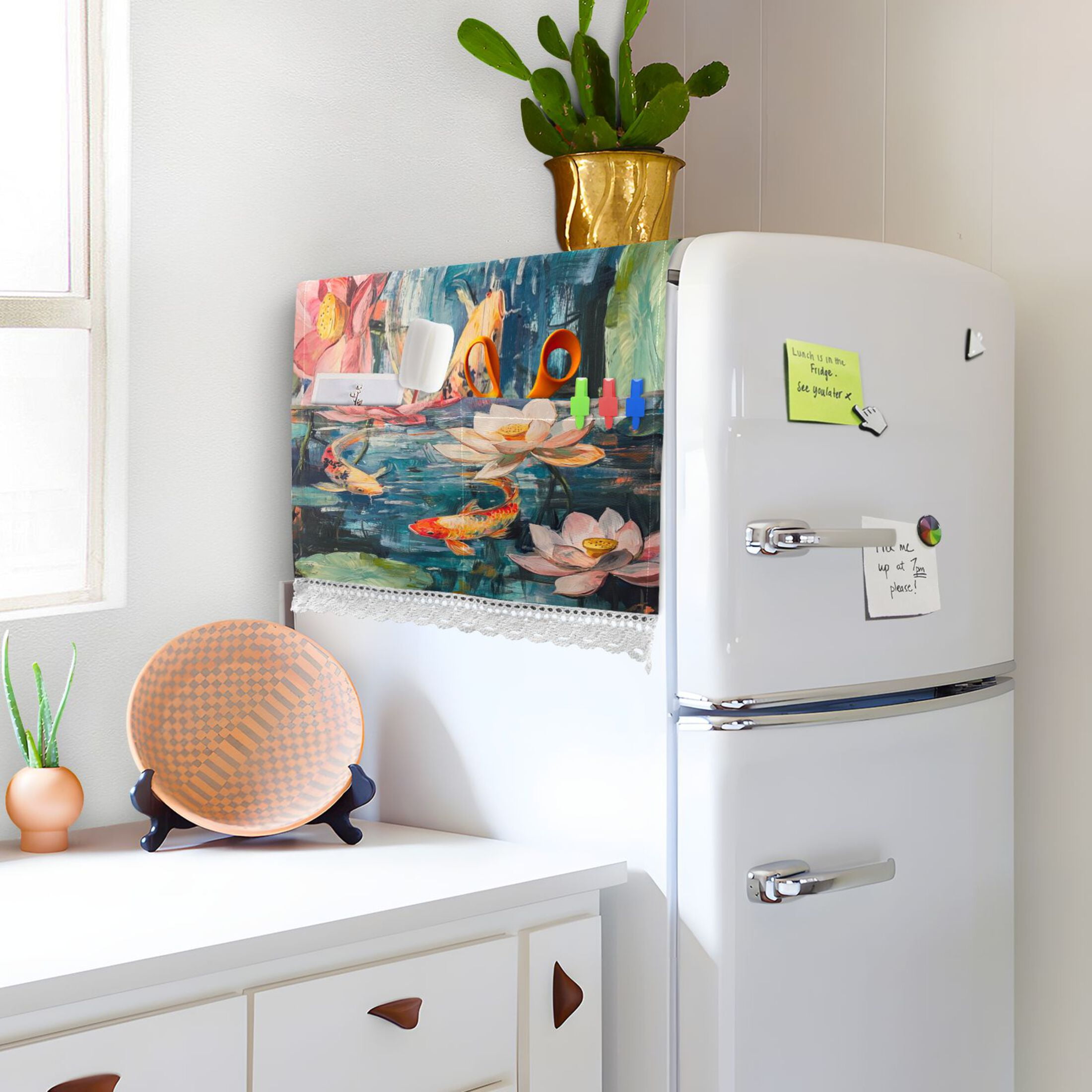 Goldfish in The Lotus PondWasher and Dryer Covers Dust-Proof and Oil Resistant Fridge Cover with 4 Storage Pockets Washing Machine Top Cover for Laundry Kitchen Home 51.2 x 22 In