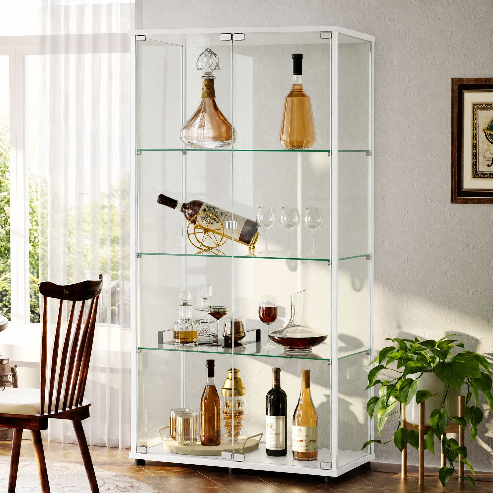 Clarvion 66" Display Cabinet with Glass Door, 4-Tier Tempered Glass Curio Cabinet, Double Door Display Case for Collectibles, White
