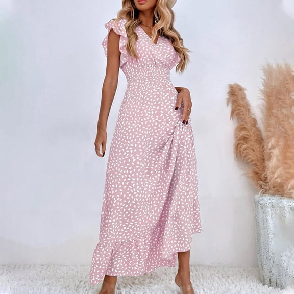 Nuoqisi Women's Spring Summer New V-Neck Waist-Cinching Long Dress Ruffle Elegant Gown - Flowing Maxi Silhouette with Feminine Detail for Seasonal Sophistication